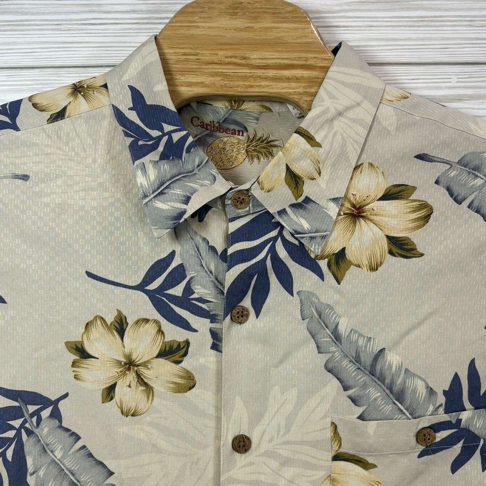 Caribbean Pineapple Men's Hawaiian 100% Silk Tan Blue &‎ Yellow Floral Sz 3XL